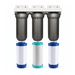 Three osmio whole house water filter system with three dark gray cylindrical canisters mounted on a white top housing, shown above three replacement filter cartridges in white, blue, and teal.