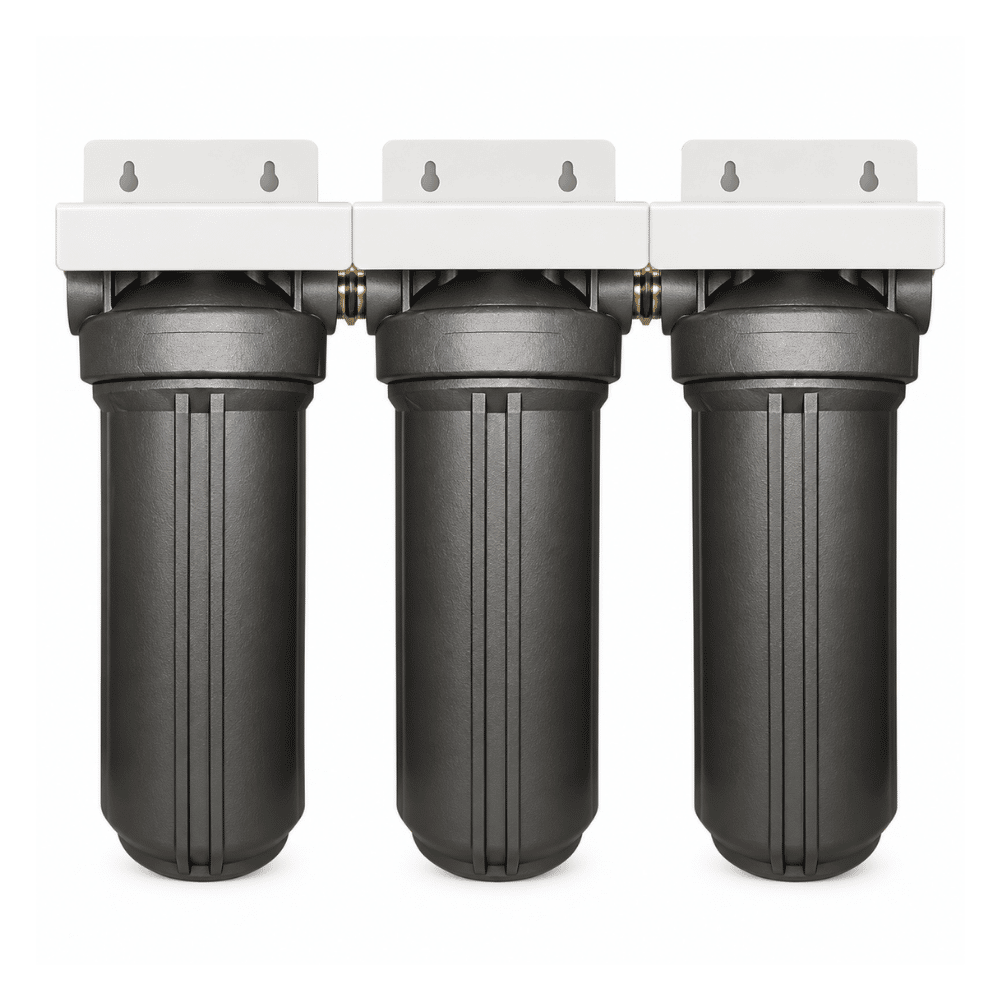 Three black whole house water filter cartridges with white mounting brackets, arranged side-by-side on a plain white background.