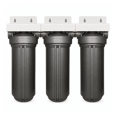 Three black whole house water filter cartridges with white mounting brackets, arranged side-by-side on a plain white background.