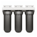 Three black whole house water filter cartridges with white mounting brackets, arranged side-by-side on a plain white background.