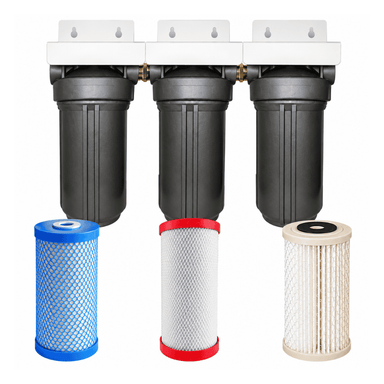 Three osmio whole house water filters mounted on a white bracket, shown above three replacement filter cartridges in blue, white with red rim, and white with beige rim, on a plain white background.