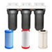 Three osmio whole house water filters mounted on a white bracket, shown above three replacement filter cartridges in blue, white with red rim, and white with beige rim, on a plain white background.