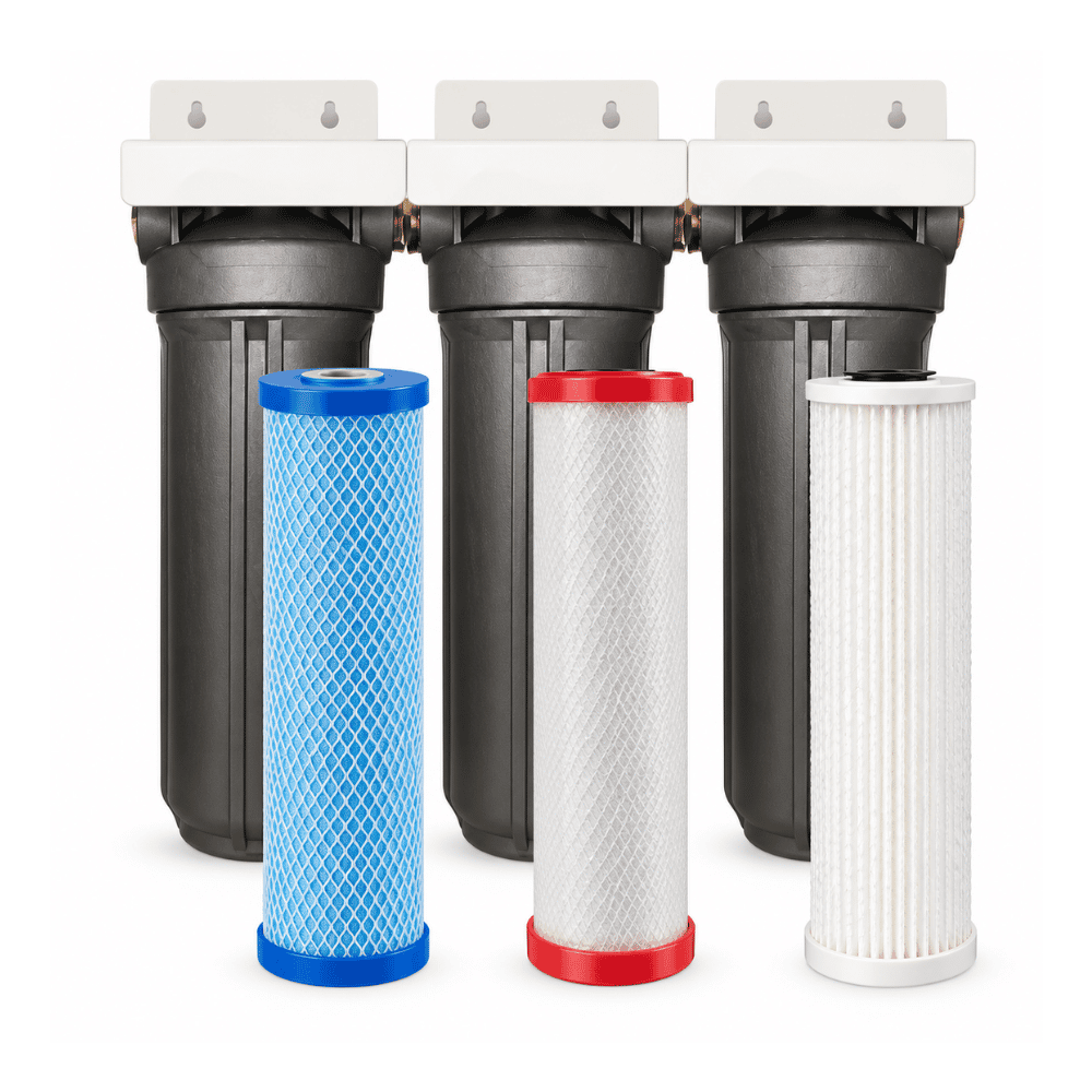 six water filter cartridges three black. one blue, one silver and red , and a white / cream one all on a white background