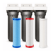 six water filter cartridges three black. one blue, one silver and red , and a white / cream one all on a white background