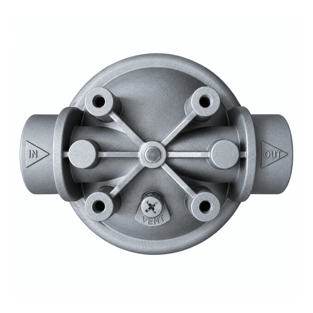 A gray cast iron double-check valve with inlet and outlet ports, featuring a cross-shaped internal check mechanism and a vent port, shown on a solid white background.