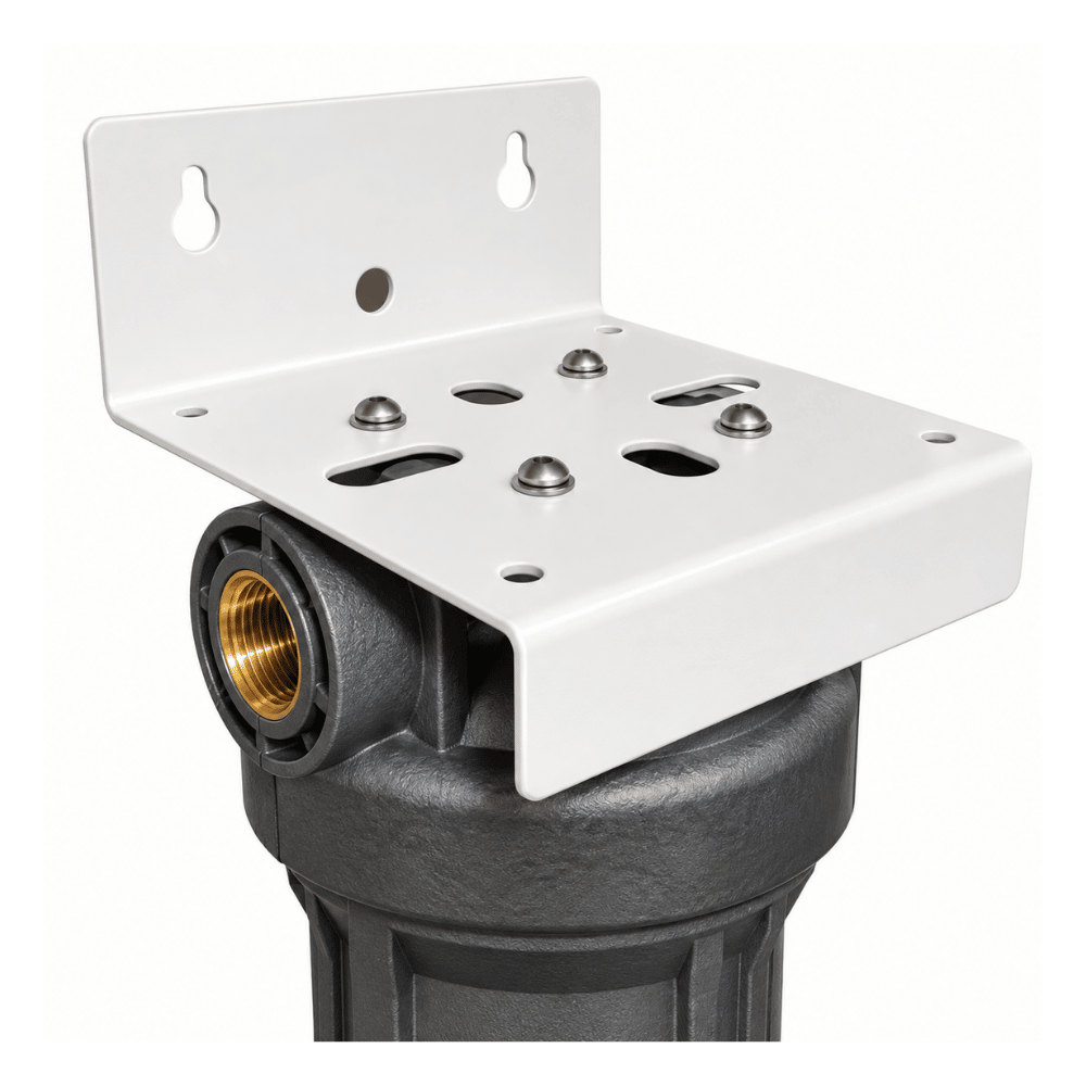 a grey water filter cartridge attached to a white bracket with screws in on a white background