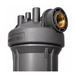 Close-up of a dark grey whole house water filter with a brass threaded connector on a white background.