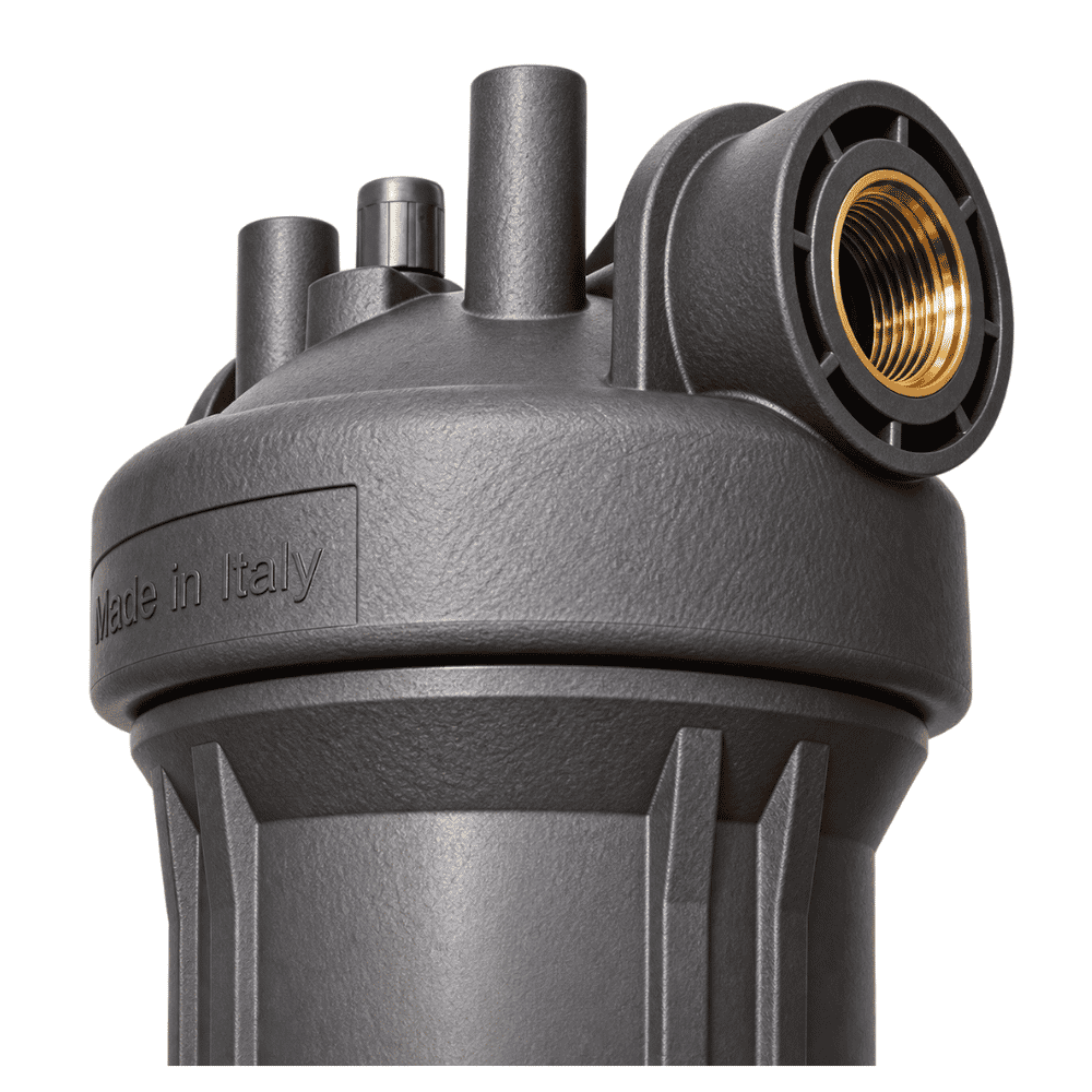Close-up of a dark gray whole house water filter with a brass threaded connector on the side, featuring a textured finish and a 'Made in Italy' embossed label.