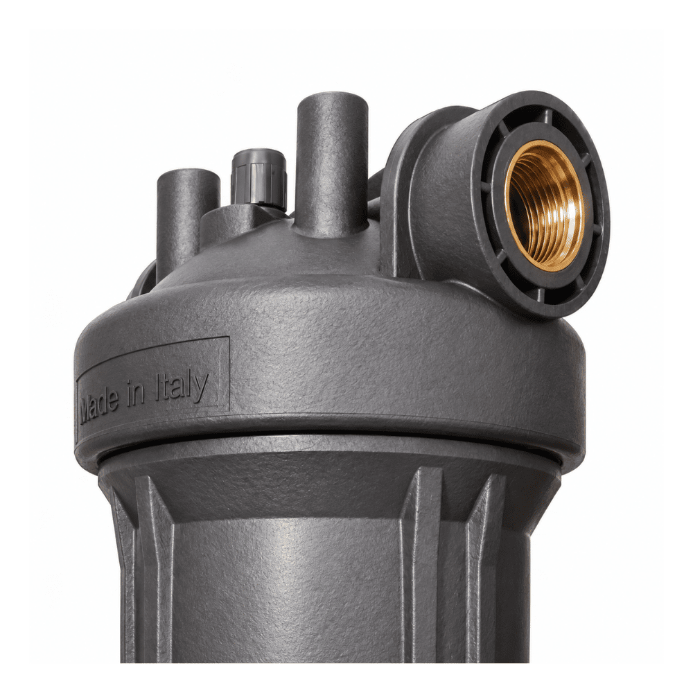 Close-up of a dark grey water filter with a brass threaded connector on the side and 'Made in Italy' embossed on the side, set against a plain white background.