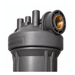 Close-up of a dark grey water filter with a brass threaded connector on the side and 'Made in Italy' embossed on the side, set against a plain white background.