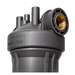 A close-up of a dark gray whole house water filter fitting with a brass threaded connection, featuring a textured finish and a 'Made in Italy' embossed label on a white background.