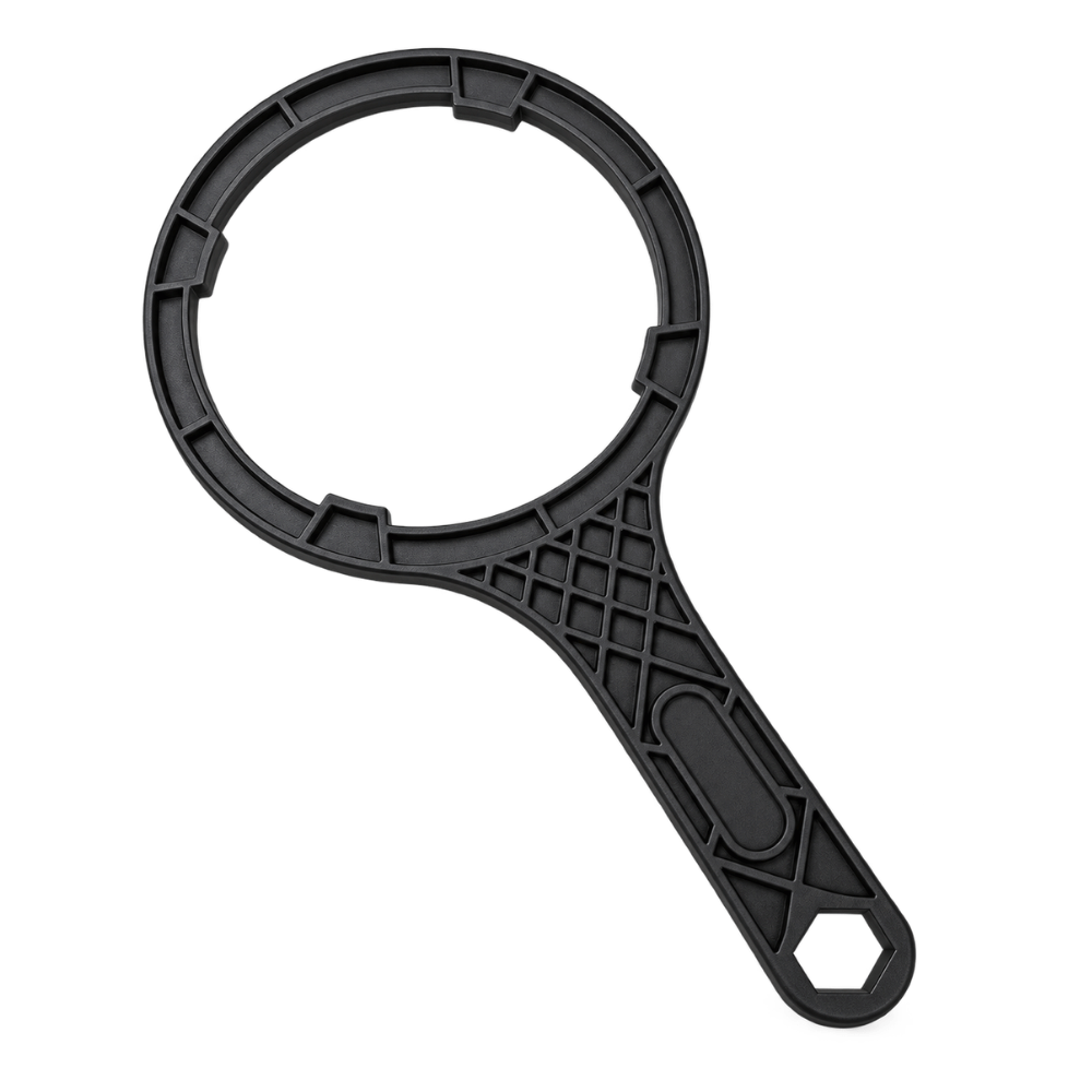 A black plastic water filter spanner with a textured handle, shown on a solid white background.