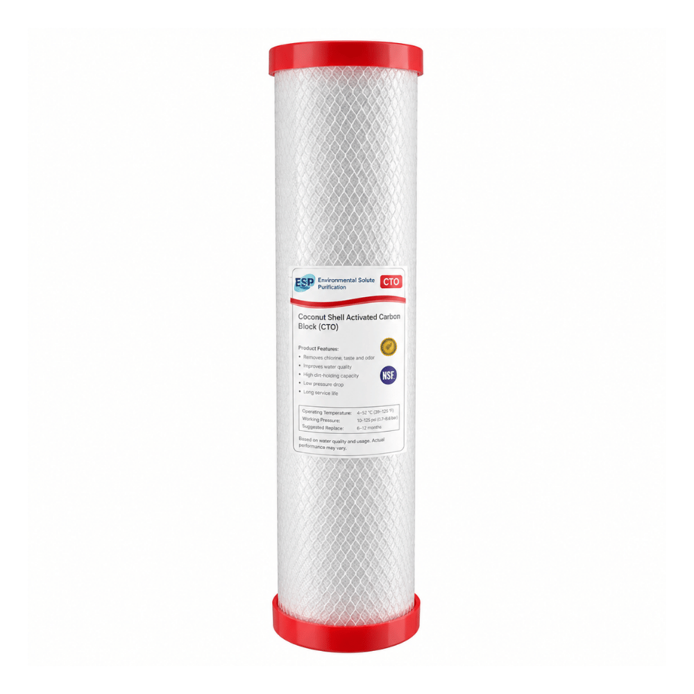 a red and silver replacement water filter cartridge with a label stating coconut shell activated carbon and other writing, placed on a white background