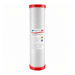 a red and silver replacement water filter cartridge with a label stating coconut shell activated carbon and other writing, placed on a white background