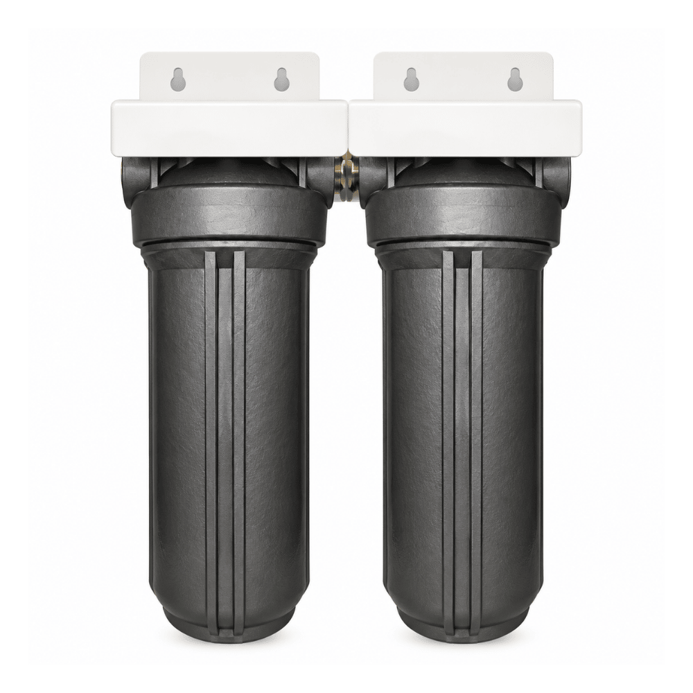 Two black cylindrical whole house water filter canisters with white mounting brackets, shown side by side on a plain white background.