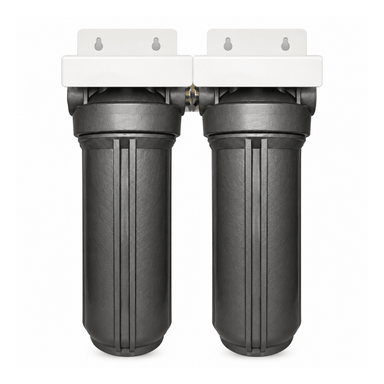 Two black cylindrical whole house water filter canisters with white mounting brackets, shown side by side on a plain white background.