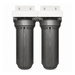 Two black cylindrical whole house water filter canisters with white mounting brackets, shown side by side on a plain white background.