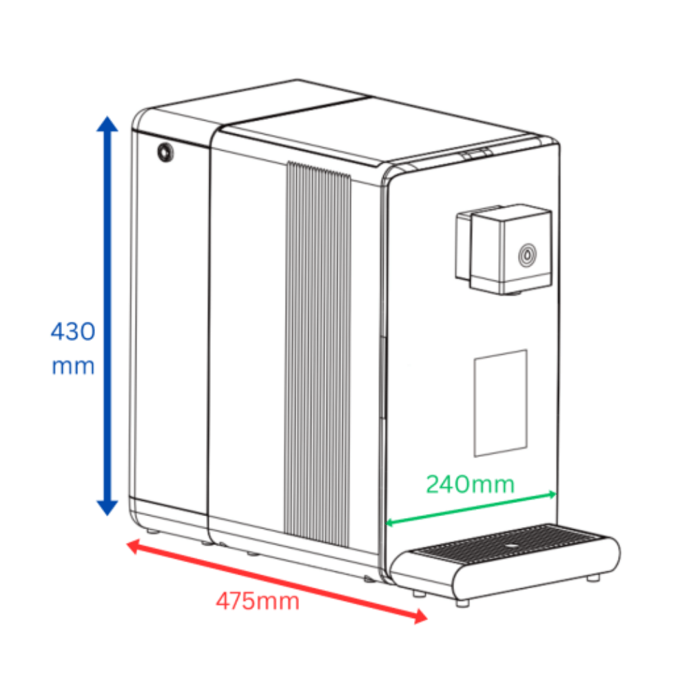 Technical drawing of a Hydrogen RO Machine with dimensions labeled