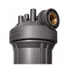 A close-up of a dark gray whole house water filter system with a brass threaded fitting on the side, shown against a plain white background.