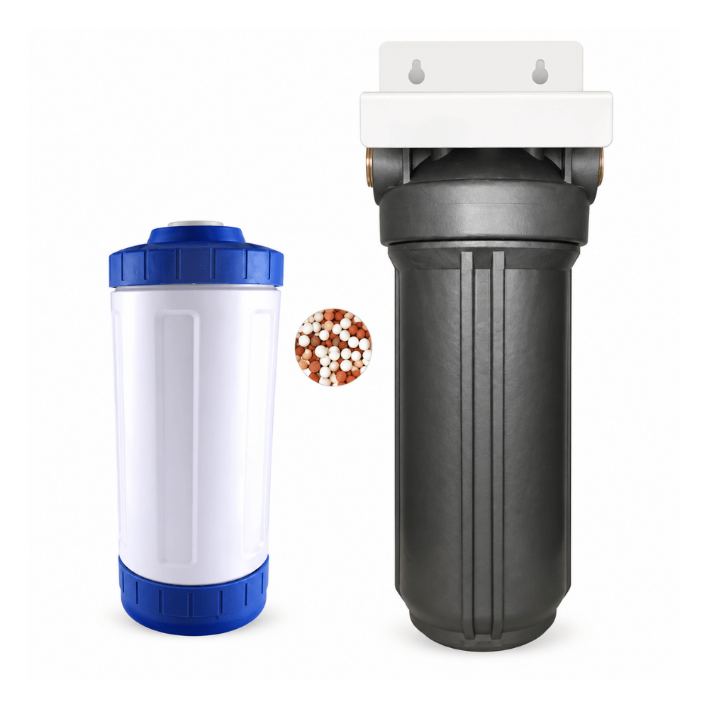 Osmio Water filter kit showing a black cylindrical main filter with a white mounting plate, next to a white replacement filter canister with blue caps, and a small circular graphic of colored filter media beads.