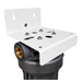 White metal mounting bracket with pre-drilled holes and silver screws, shown attached to a black water ilterl component with a brass threaded port, on a plain white background.