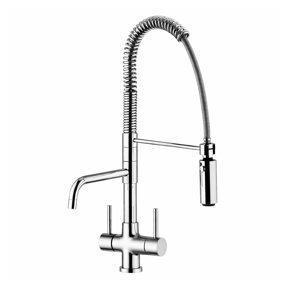Three way filter tap in chrome with pull out hose spray on white background