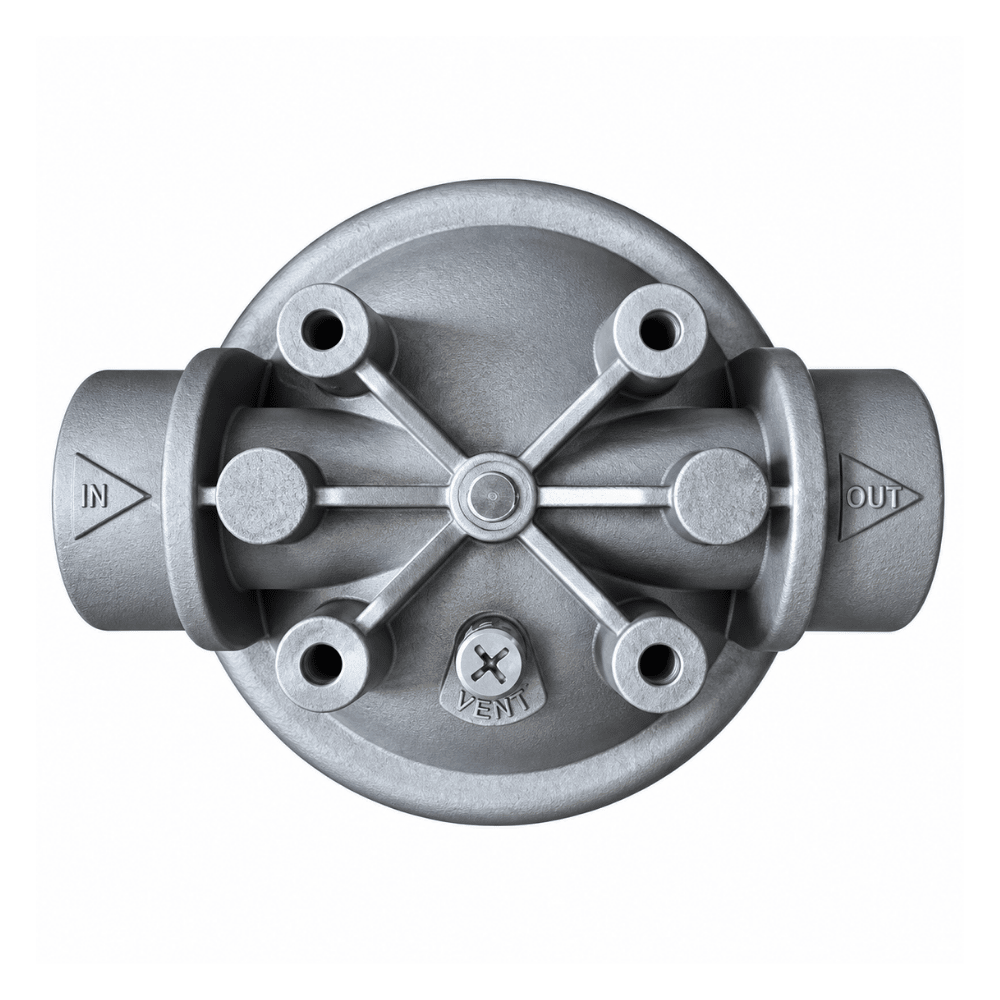 A water filter component with a circular body, six port openings, and directional IN/OUT markings, shown on a plain white background.