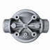 A water filter component with a circular body, six port openings, and directional IN/OUT markings, shown on a plain white background.