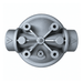 A silver metal filter replacement head with inlet and outlet ports, featuring a central star-shaped spool and vent port, shown on a solid white background.