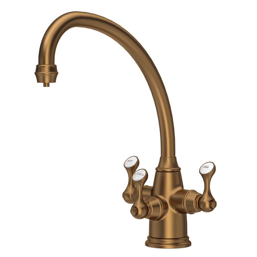 Bronze three-lever kitchen tap with curved spout and white tip handles