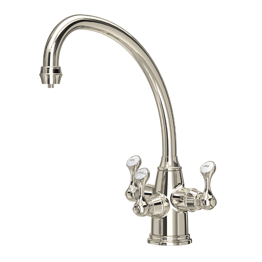 Nickel three-lever kitchen tap with curved spout and white ceramic handles