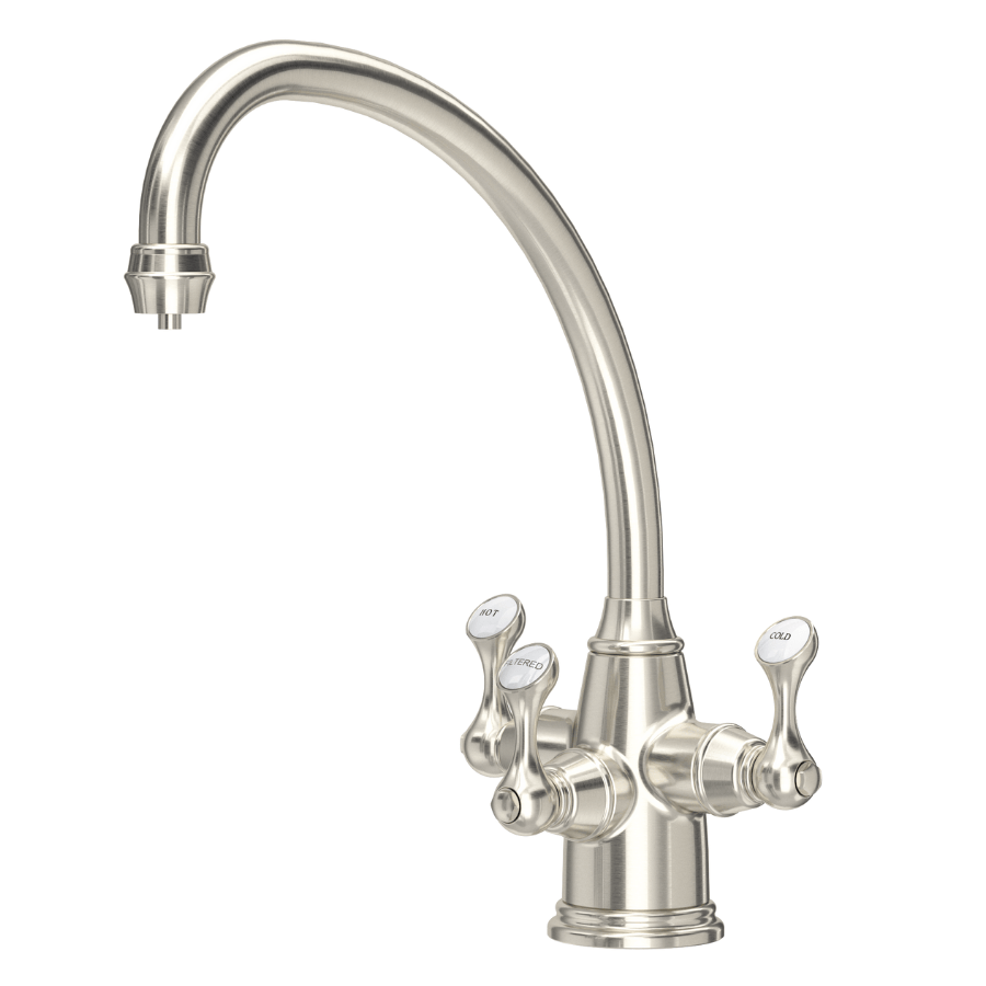 Pewter finish three-lever kitchen tap with curved spout and white tip handles