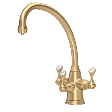 Satin brass three-lever kitchen tap with curved spout and white ceramic handles