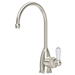 Pewterl kitchen faucet with a white handle on a white background