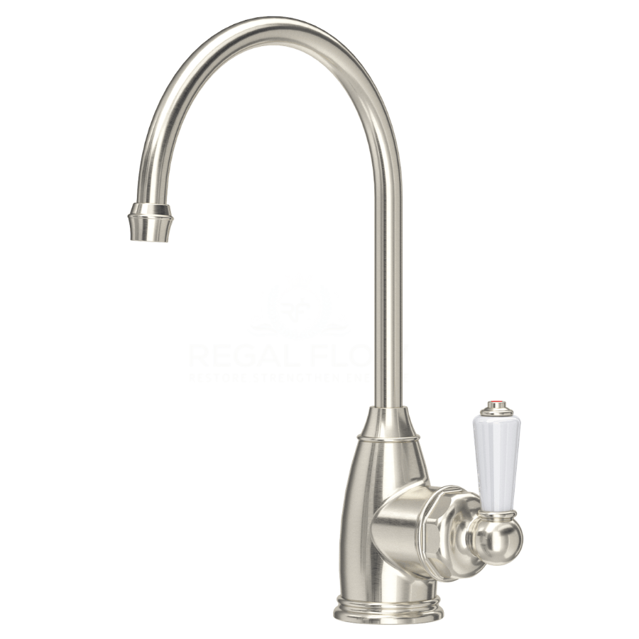 Pewterl kitchen faucet with a white handle on a white background