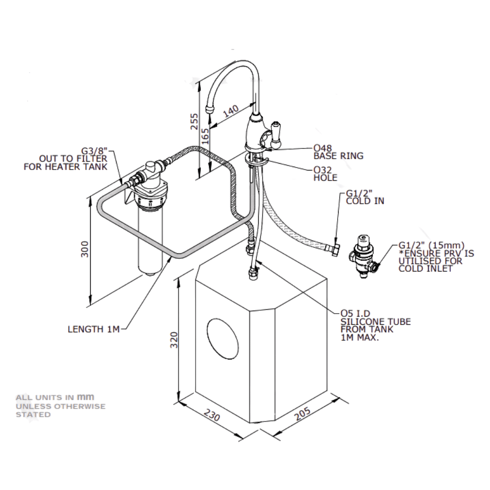 Technical drawing and measurements of perrin and rowe parthian hot tap on a white background