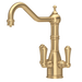 Satin Brass Perrin Rowe three way flter tap with three handles on a white background