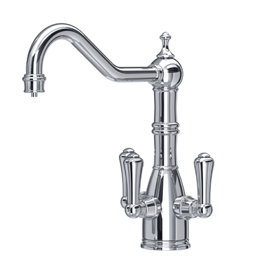 Three way filter tap in chrome with three levers on a white background