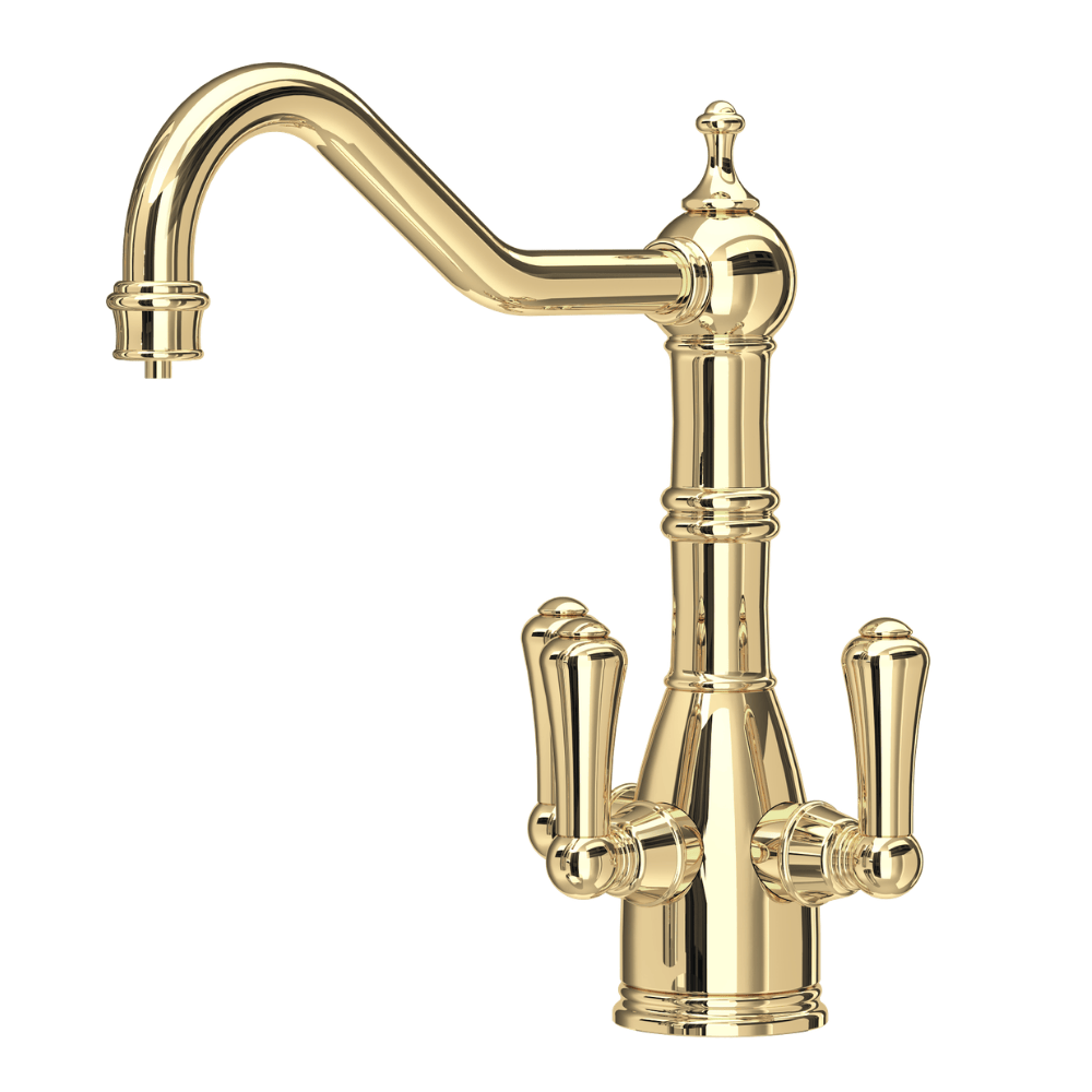 Three way filter tap in polished brass on a white backgroun