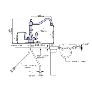 technical drawing, measurements and installation for a perrin and Rowe Provence 3 lever tap