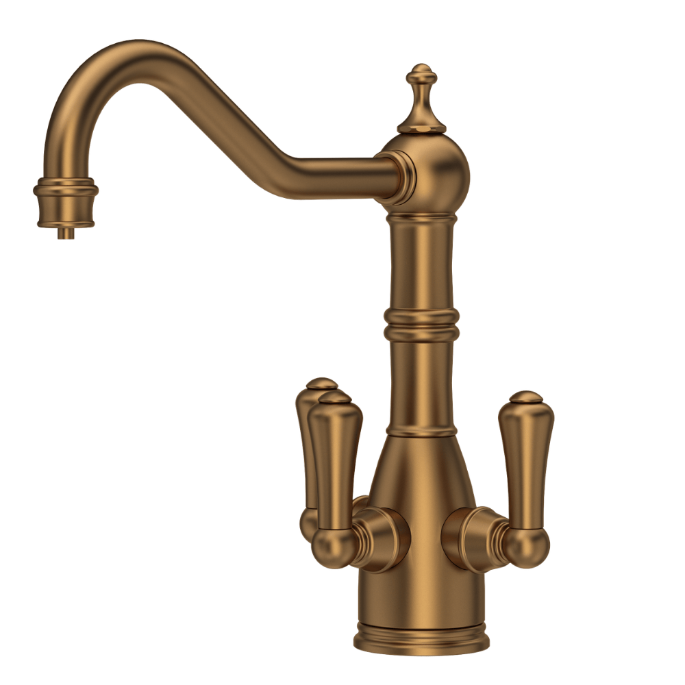 three way filter tap in bronze with three handles on a white background