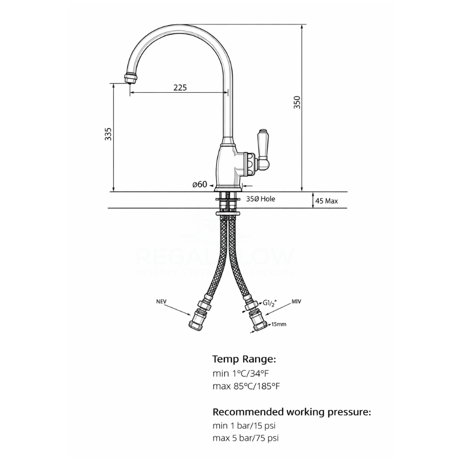 Measurement and diagram of a instant hot tap with temp range and pressure guide