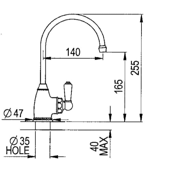 Technical drawing showing measurements for Parthian Mini instant hot tap
