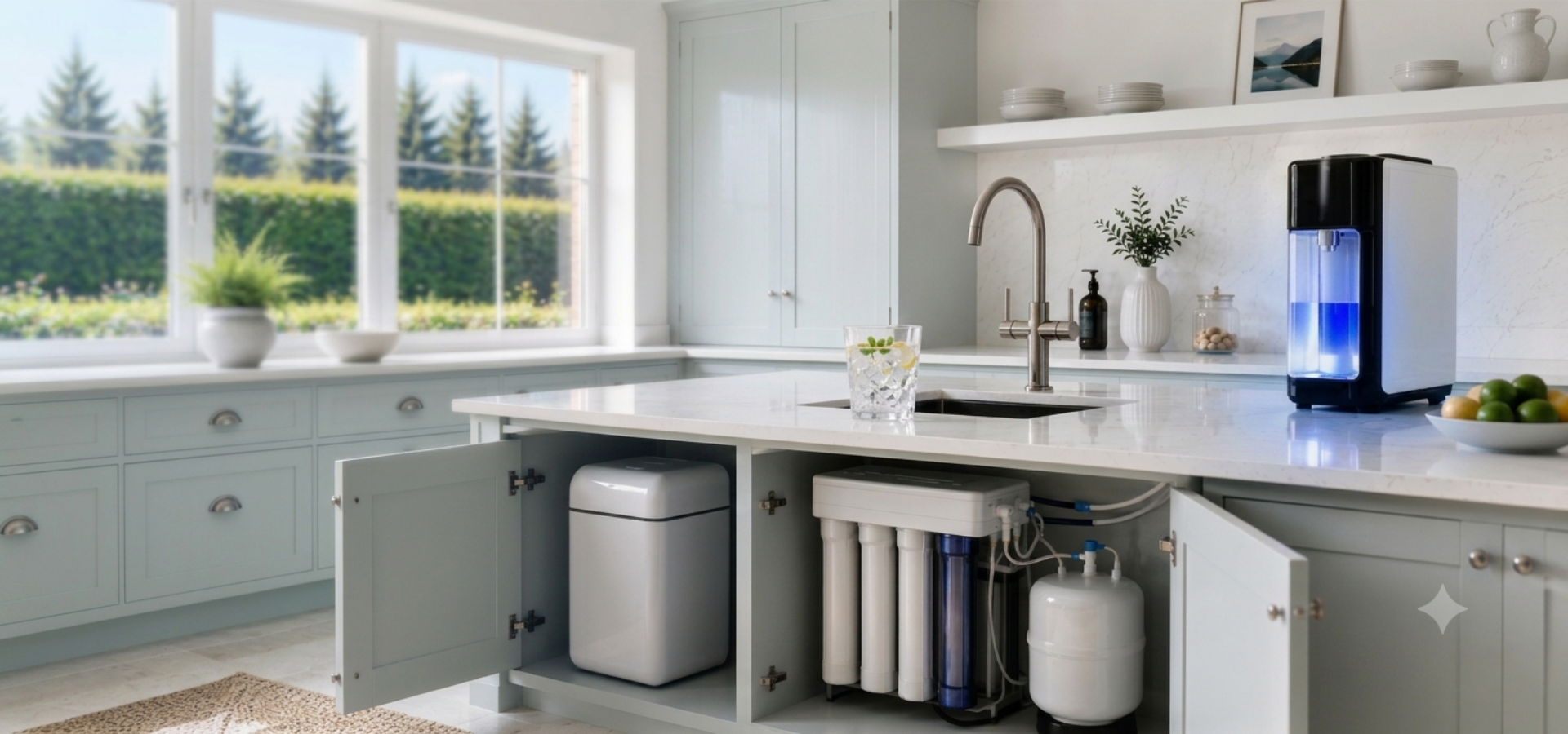 Modern home kitchen showing under-sink reverse osmosis system, water softener, and countertop hydrogen water filter