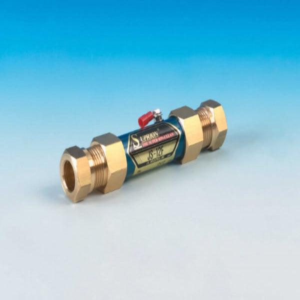 Suprion EC-38F Super Ion Clean brass water ionizer on blue gradient background with compression fittings