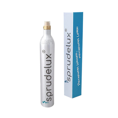 A silver cylindrical bottle of Sprudelux CO2 gas standing next to its white and blue rectangular box on a plain white background.
