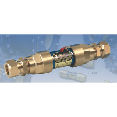 Suprion JS Super Ion Clean brass water conditioner with compression fittings on blue background