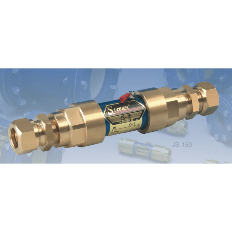 Suprion JS Super Ion Clean brass water conditioner with compression fittings on blue background