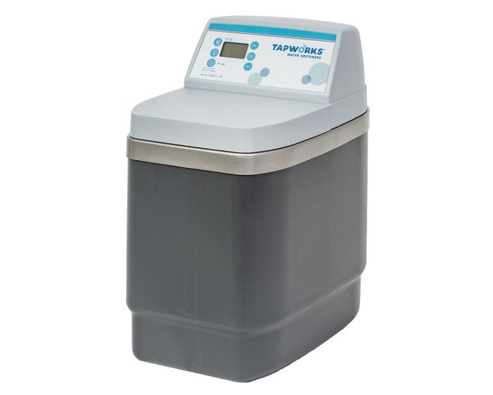 A front view of a water softener