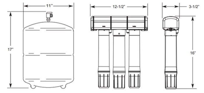 An under sink reverse osmosis system diagram with dimensions